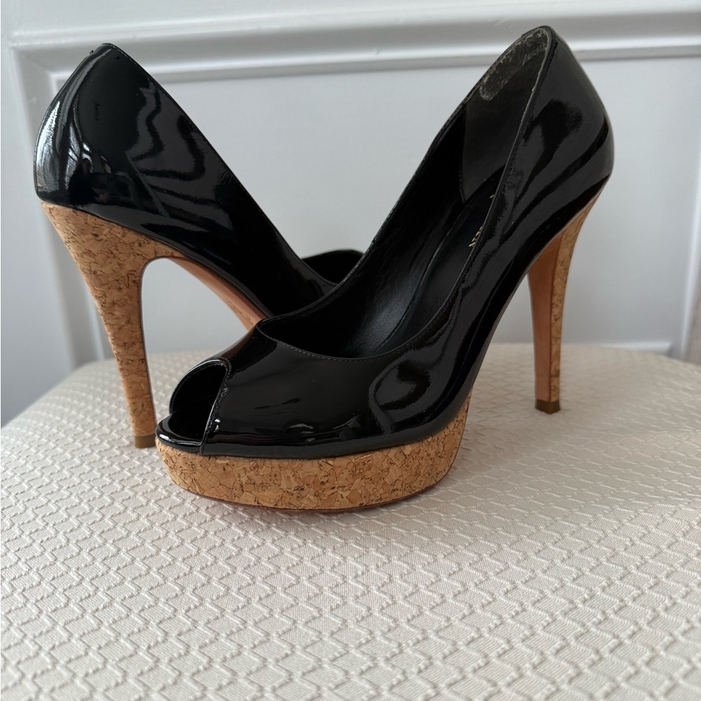 New Cole Haan  Black Patent Peep-Toe Heels with Cork Platform Size 7B